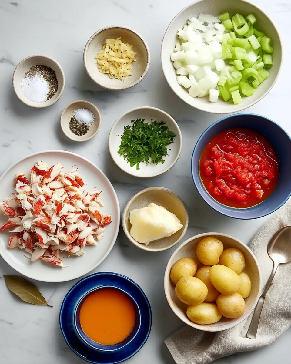 The image shows an overhead view of many small white bowls and a white plate on a white marbled surface, each holding different ingredients for a recipe. Starting from the bottom left, there is a small bowl with salt and pepper, a bowl with chopped green herbs, and a plate filled with shredded red and white crab meat. Moving clockwise, there’s a small bowl with minced garlic, a bowl with sliced onions, a bowl with chopped celery and onions mixed, a grayish plate holding halved small yellow potatoes around a bowl of diced red tomatoes, a blue bowl with an orange liquid, a small bowl with red spices, and a bowl of white sour cream next to a beige cloth napkin with a spoon on top. A single bay leaf lies on the marble near the center. The photo taken with an iphone --ar 4:5 --v 7