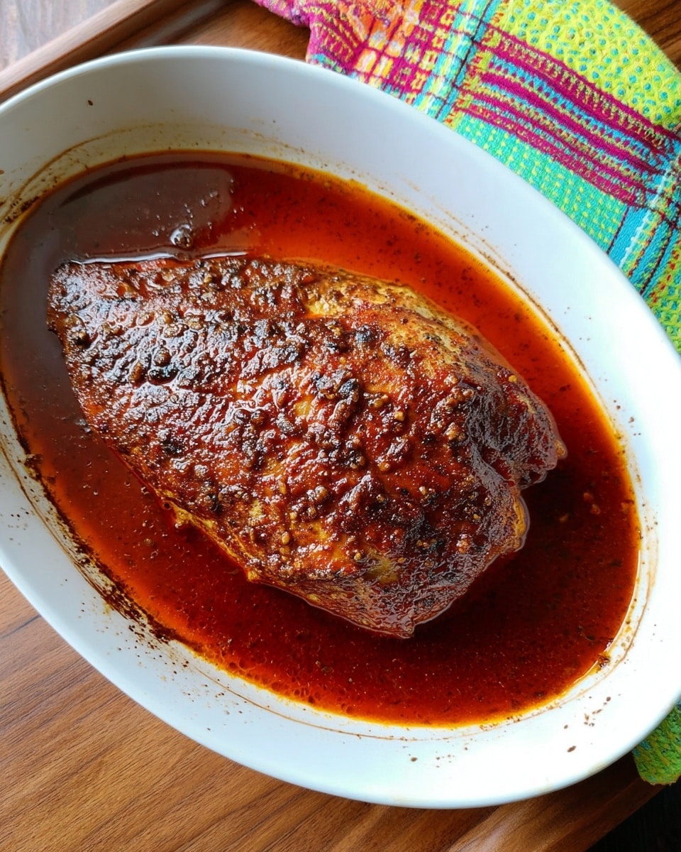 A large, browned meat piece sits in the center of a white oval dish, covered with a dark reddish-brown sauce that pools around the meat and coats the edges of the dish. The meat has a crispy, seasoned surface with a textured, slightly shiny look. The dish is placed on a wooden table with a colorful cloth nearby. The photo is taken with an iphone --ar 4:5 --v 7
