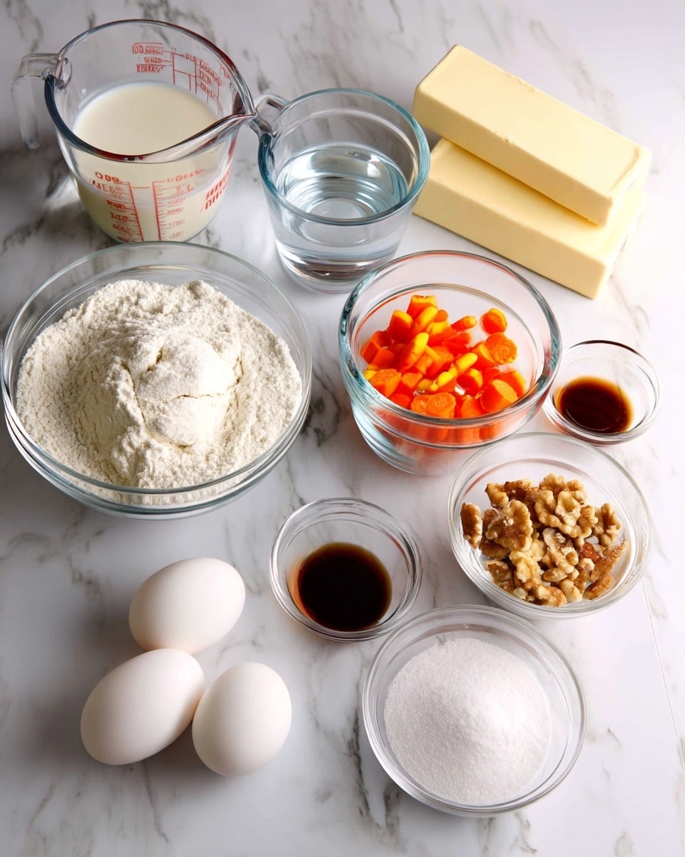 The image shows a white marbled surface with several clear glass bowls and measuring cups filled with baking ingredients arranged neatly. In the center, there is a large glass bowl filled with white flour. To its left, a clear glass bowl holds white sugar, and in front of it are three white eggs resting directly on the surface. Behind them, a clear measuring cup contains a white liquid, likely milk, and next to it is a smaller measuring cup with clear water. On the right side, there are two small glass bowls, one with an orange ingredient that looks like small carrot pieces, and the other with chopped nuts. Two sticks of butter wrapped in yellow paper are placed beside a small glass bowl filled with a dark brown liquid, probably vanilla extract. There are two more smaller bowls with white powders, likely baking soda and salt, completing the organized layout. Photo taken with an iphone --ar 4:5 --v 7