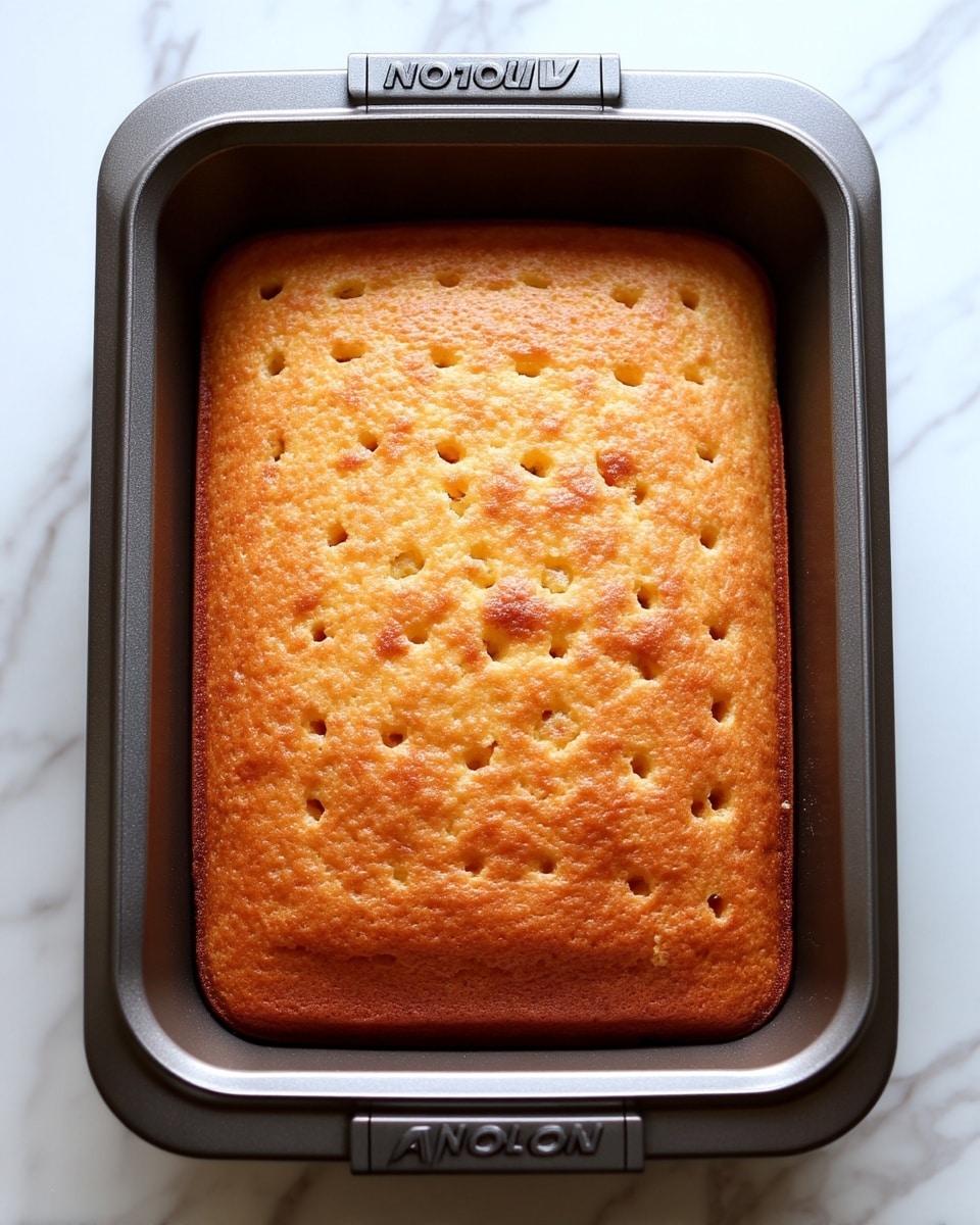 A single layer of golden brown cake sits in a dark grey metal baking pan with the brand name