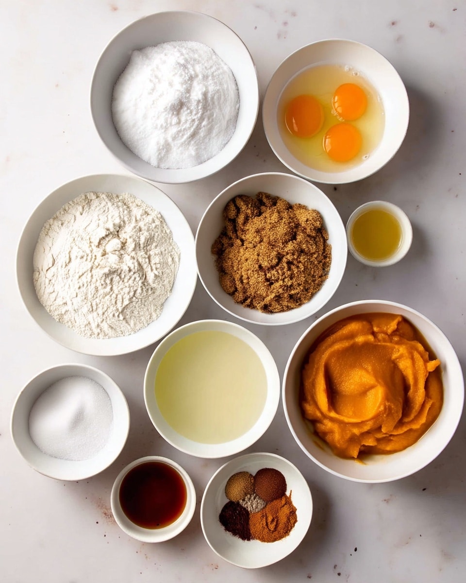 The image shows nine white bowls arranged in an irregular pattern on a white marbled surface. Starting from the top left, the first bowl contains fine white sugar, followed by a bowl to the right with two raw egg yolks in clear egg whites. Below the sugar bowl is a bowl filled with brown sugar, and to the right of it is a bowl with smooth, bright orange pumpkin puree that has a swirled texture on top. Below the pumpkin puree bowl is a bowl filled with a light yellow liquid, and below that is a small bowl with a dark amber liquid, likely vanilla extract. The largest bowl, positioned slightly left at the center, contains fine white flour with a small mound in the middle. Below to the left is a very small bowl with white salt. The bottom right holds a small bowl filled with an assortment of dried spices in warm brown, orange, and reddish tones, arranged neatly. photo taken with an iphone --ar 4:5 --v 7