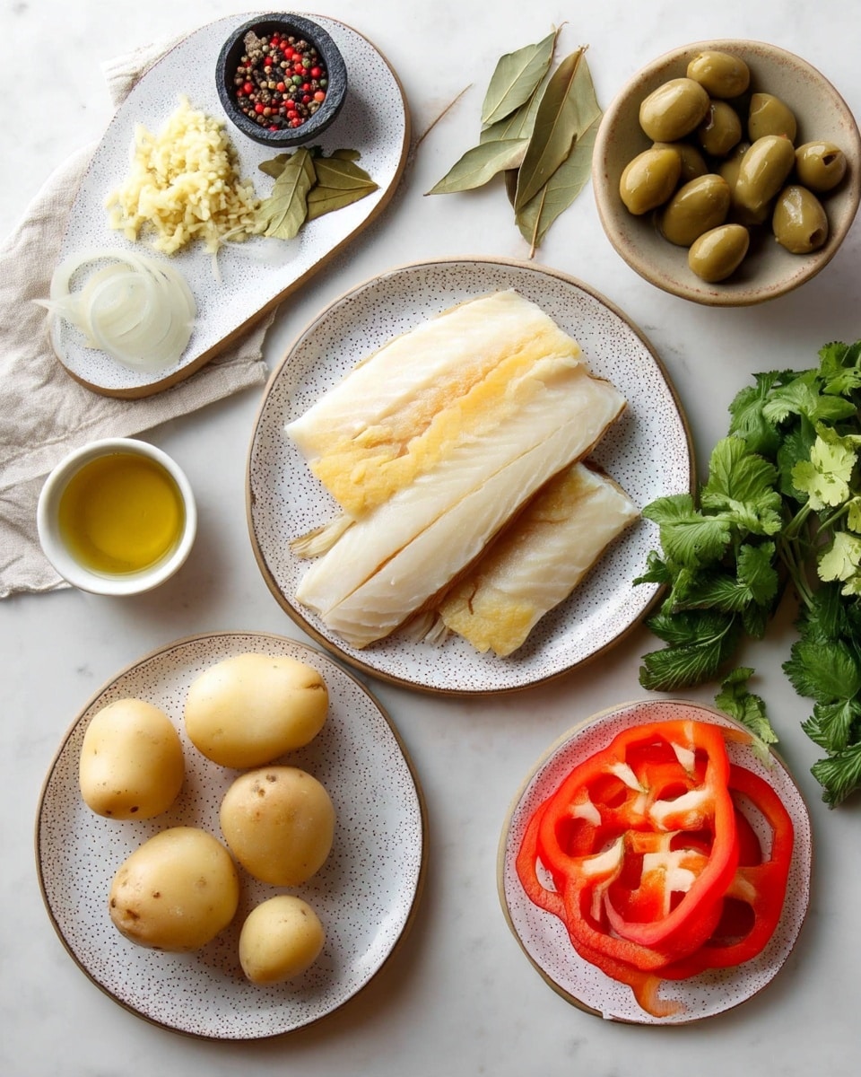 Several white speckled plates and a small bowl are arranged on a white marbled surface. The largest plate holds two large, pale yellow fish fillets on a wooden board partially covered by a cloth. Another plate has five small, round yellow potatoes. One plate contains thin slices of bright red bell pepper, and another holds thin rings of translucent white onion. A smaller plate displays chopped garlic, bay leaves, and a black mortar with mixed peppercorns and a small wooden spoon. A small beige bowl is filled with green olives, while a small white cup contains golden olive oil. Fresh green cilantro rests on the wooden board near the fish fillets. Photo taken with an iphone --ar 4:5 --v 7