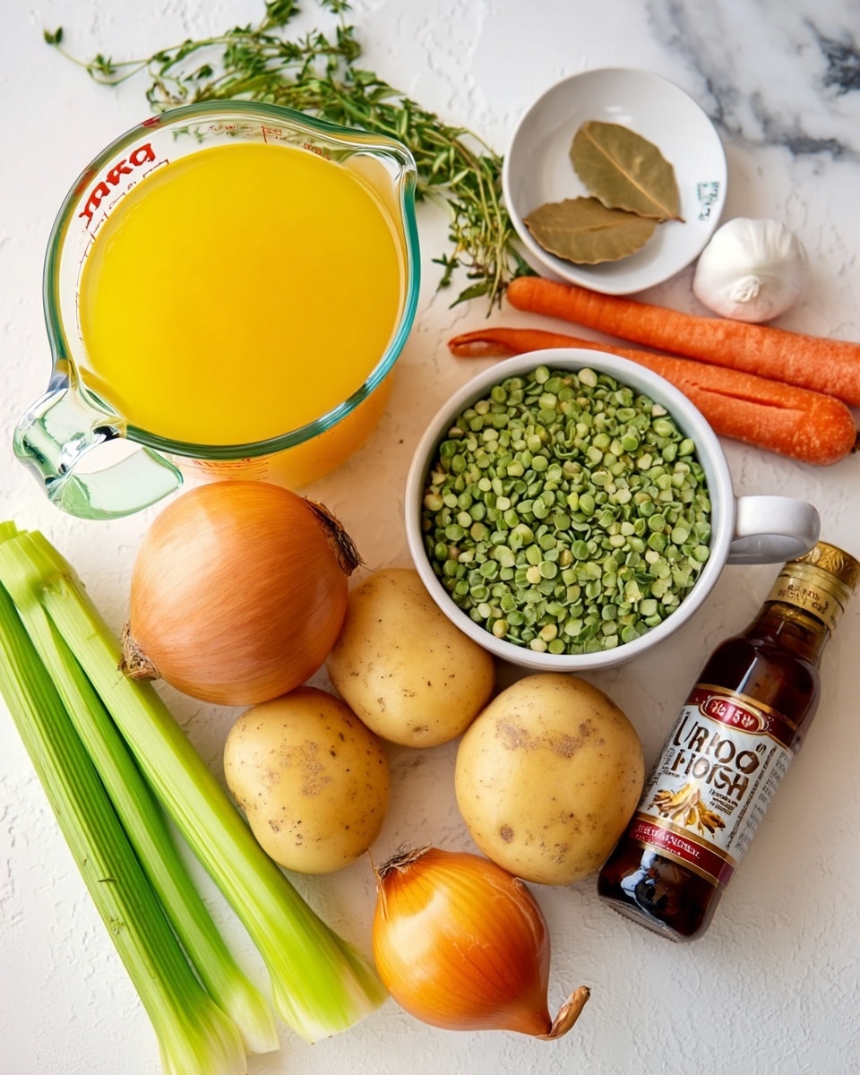 A close-up photo shows a clear glass measuring cup filled with bright yellow broth at the top left. Below it, there is a white mug filled with green split peas. Around these, there are two yellow potatoes with a light brown skin, an orange onion, two bright orange carrots, a garlic bulb, and three celery sticks with green stalks and light green bottoms. To the right of the measuring cup is a small white plate with two dried bay leaves. Near the plate, a small bunch of fresh green thyme lies on the white marbled surface. A small bottle of liquid smoke with a white and red label sits near the celery. The photo taken with an iphone --ar 4:5 --v 7