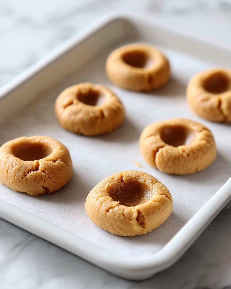 The image shows five small cookie dough circles on a white baking tray lined with parchment paper on a white marbled surface. Each cookie dough piece is light brown and has a smooth texture with a small hollow in the center. The cookies are arranged in a loose pattern with one cookie in the center and the other four spaced evenly around it. The light and shadows suggest soft natural lighting. photo taken with an iphone --ar 4:5 --v 7