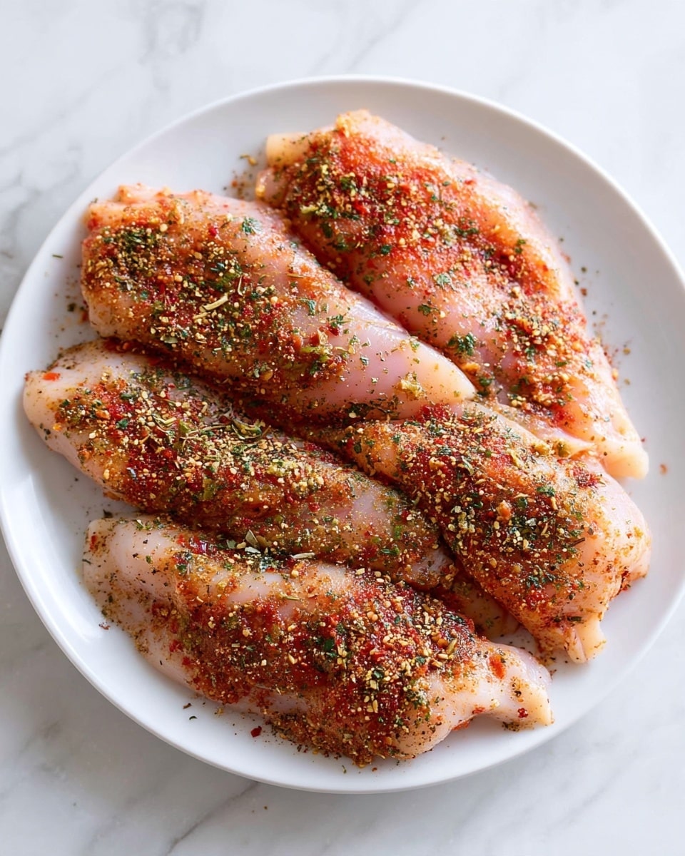 A white plate holds six pieces of raw chicken fillets spread out flat. Each fillet is covered with a mix of dry spices, showing colors of red, brown, and green herbs, creating a textured and uneven coating. The chicken has a pale pink base color, while the spices add a speckled layer over it. The plate sits on a white marbled surface. photo taken with an iphone --ar 4:5 --v 7