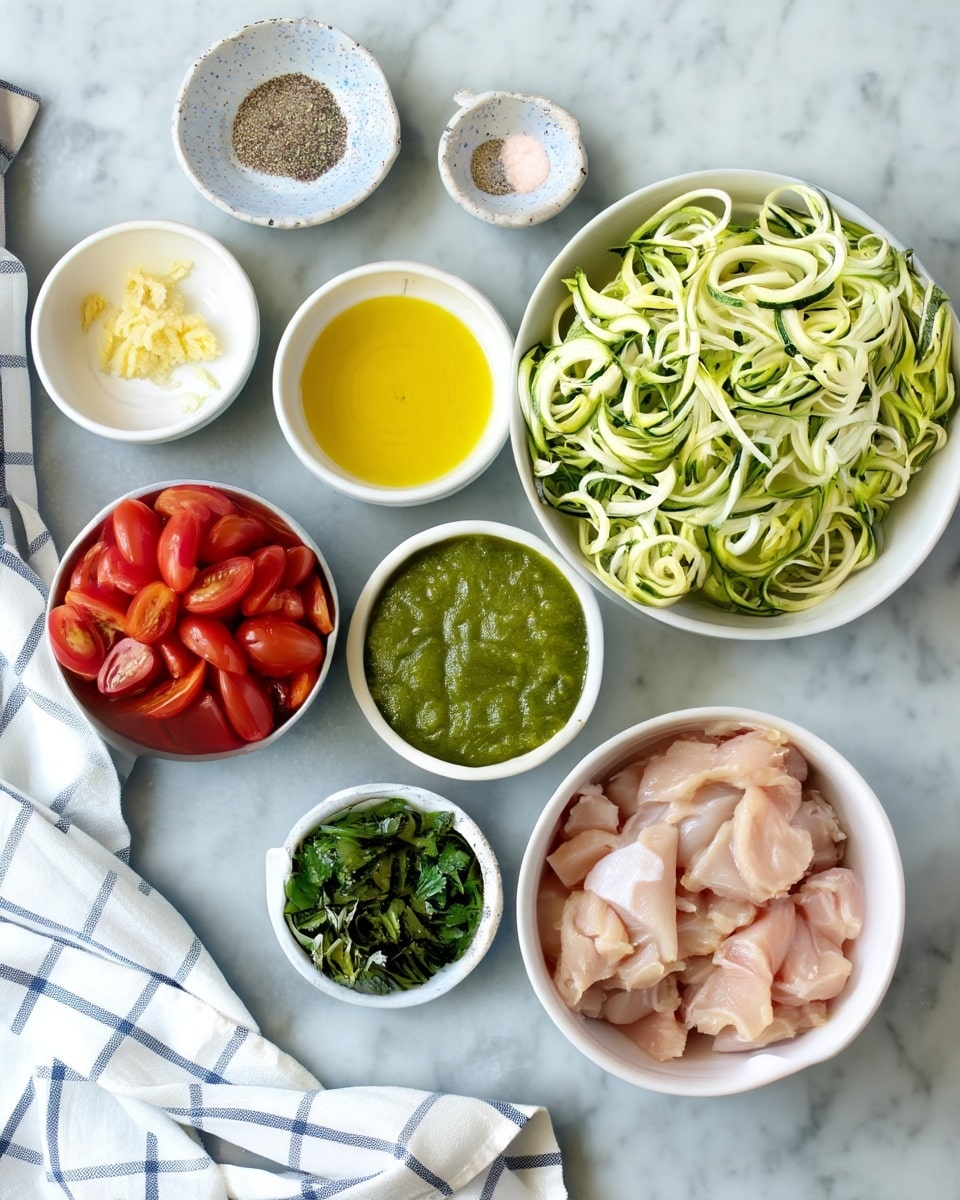 The image shows seven white bowls arranged on a white marbled surface, each with different ingredients. One large bowl on the top-right is filled with spiralized zucchini noodles, which are pale green and white with a fresh texture. Below that, a bowl contains raw, light pink chicken pieces. To the left of the chicken, a smaller bowl holds dark green chopped fresh herbs. Above it, a bowl is filled with a green pesto sauce that looks thick and smooth. To the left of the pesto, a bowl contains bright red halved cherry tomatoes. Above the tomatoes is a bowl with golden yellow olive oil. At the top-left, a small bowl holds finely grated pale yellow garlic. Between the olive oil and zucchini noodles is a tiny bowl with a mix of pink salt and black pepper. A white and blue checkered cloth is placed at the bottom-left corner of the image. Photo taken with an iphone --ar 4:5 --v 7