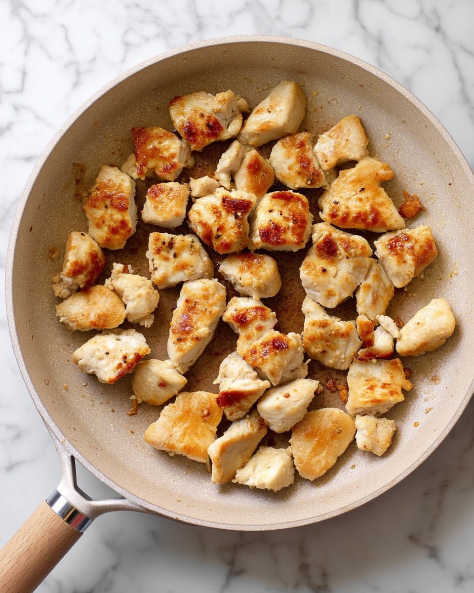A beige frying pan with a wooden handle holds many small pieces of cooked light golden brown chicken evenly spread inside the pan. The chicken pieces have a slightly crispy texture and some brown spots from cooking scattered around the pan surface. The pan sits on a white marbled texture background. photo taken with an iphone --ar 4:5 --v 7