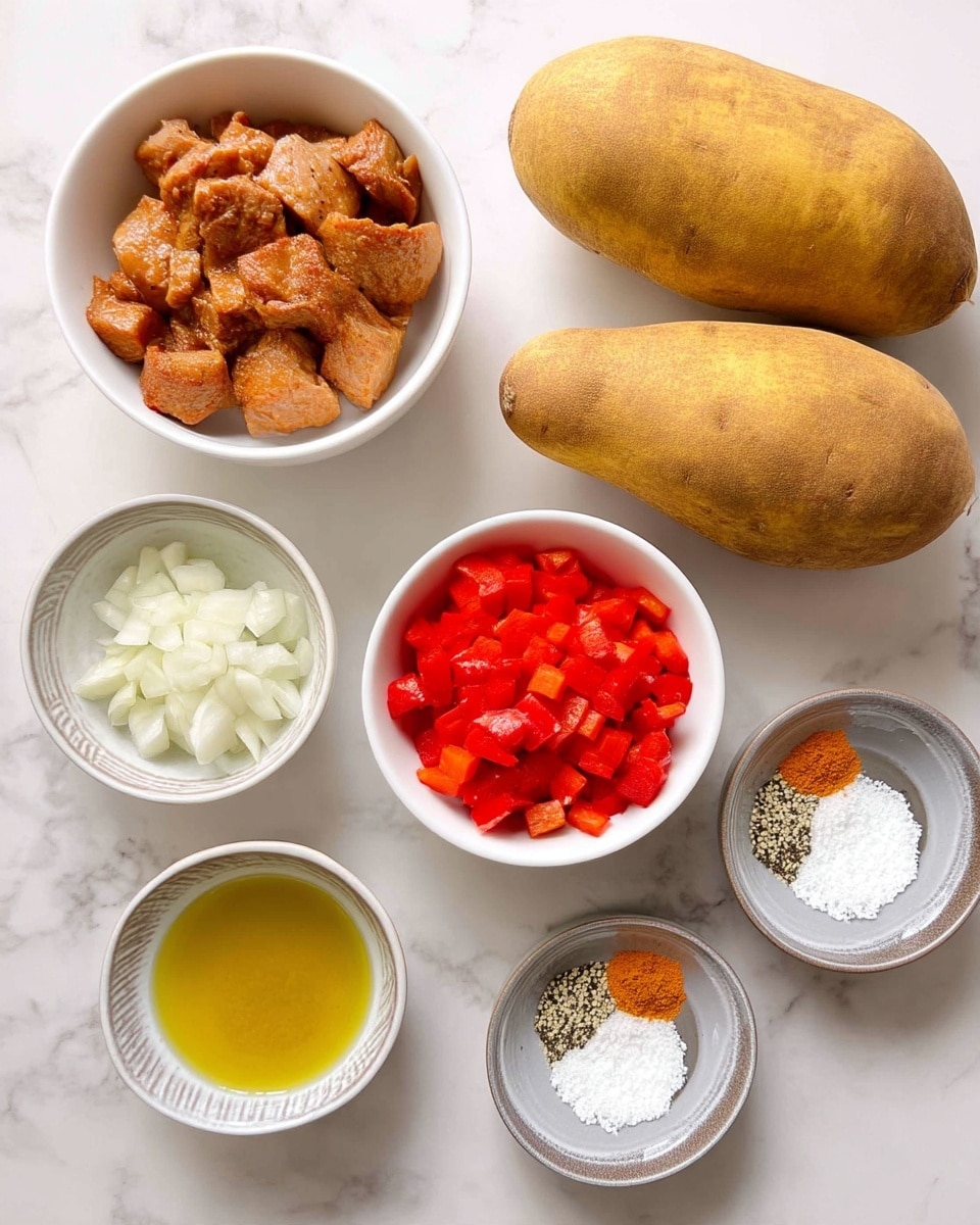The image shows six ingredients placed on a white marbled surface evenly spaced to form a grid. At the top left is a white bowl filled with light brown cooked meat chunks. To the right of it are three whole sweet potatoes with a yellow-brown skin. Below the meat is a white bowl with small, bright red diced pieces of bell pepper. Next to it is a white bowl containing small white diced onion pieces. At the bottom left is a small white bowl filled with yellow oil, and to its right is another small white bowl holding four piles of different spices: black, orange, white, and light brown powders. Photo taken with an iphone --ar 4:5 --v 7