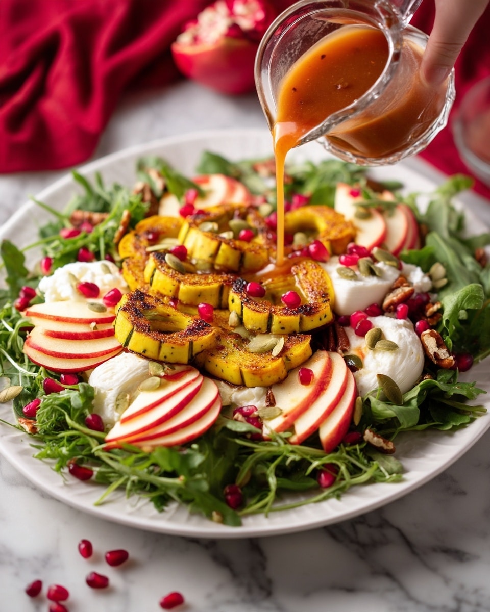 A colorful salad is arranged on a white plate set on a white marbled surface with a red cloth background. The salad has three main layers: a base of fresh green arugula leaves, topped with golden-yellow grilled squash slices that have dark grill marks, and spread-out white soft cheese balls. Thin slices of red apple with pale centers and bright red pomegranate seeds are scattered all over, along with toasted pecans and green pumpkin seeds. A woman's hand is pouring a light reddish-orange dressing from a vintage clear glass pitcher onto the center of the salad. Photo taken with an iphone --ar 4:5 --v 7