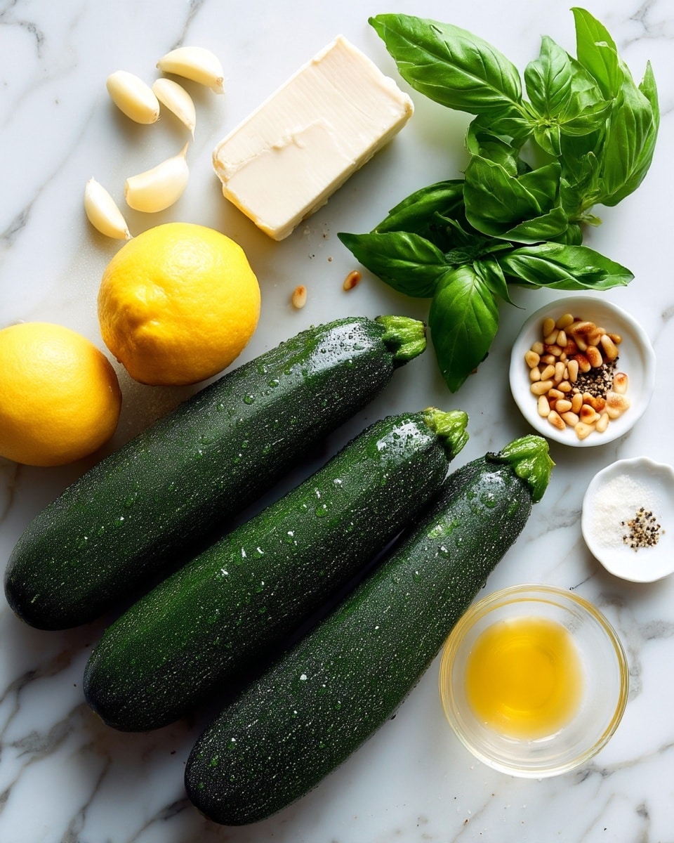 The image shows the ingredients placed separately on a white marbled surface: two dark green zucchinis with droplets of water on them, a white rectangular container of imported cheese with a red and black label, a bright yellow lemon, a small bunch of fresh green basil leaves, two peeled garlic cloves, a small clear glass bowl with a light yellow liquid, a small pile of toasted pine nuts, a tiny pile of black pepper, and a tiny pile of salt. photo taken with an iphone --ar 4:5 --v 7