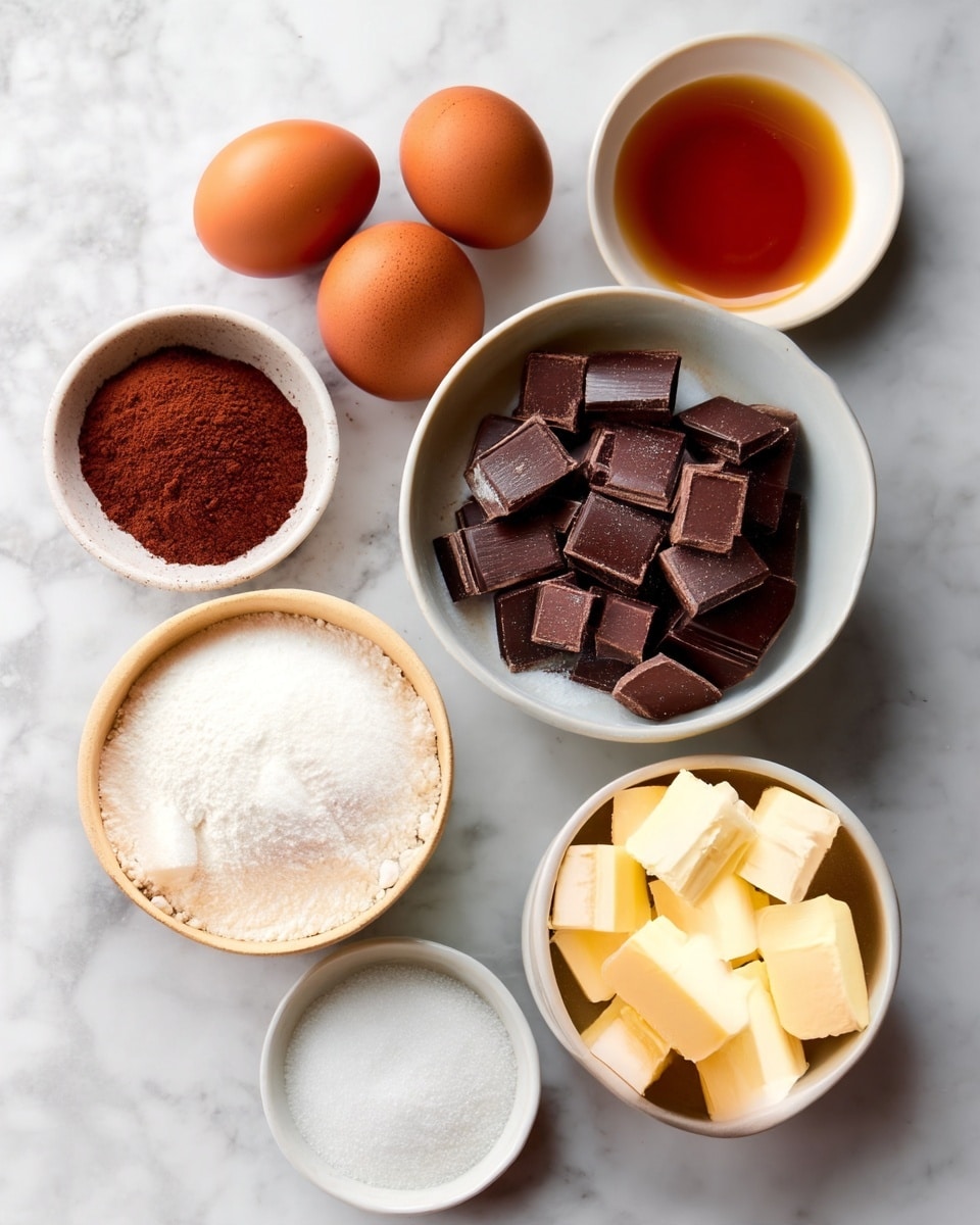 The image shows baking ingredients arranged neatly on a white marbled surface. There are three brown eggs placed close together in the upper left area. Nearby to the right, a small white bowl holds a small amount of amber liquid. Above this bowl, another small white bowl contains a dark reddish-brown powder, and just below it, a tiny white bowl has coarse white salt. Below the eggs is a larger white bowl filled with chopped dark chocolate pieces. To the right of the chocolate, a white bowl is filled with white flour, and just below this is another tiny white bowl filled with light yellow butter cubes. At the bottom center, a small white bowl holds white granulated sugar. All the bowls are arranged in a loose grid pattern, showing a variety of textures and warm earthy colors. Photo taken with an iphone --ar 4:5 --v 7