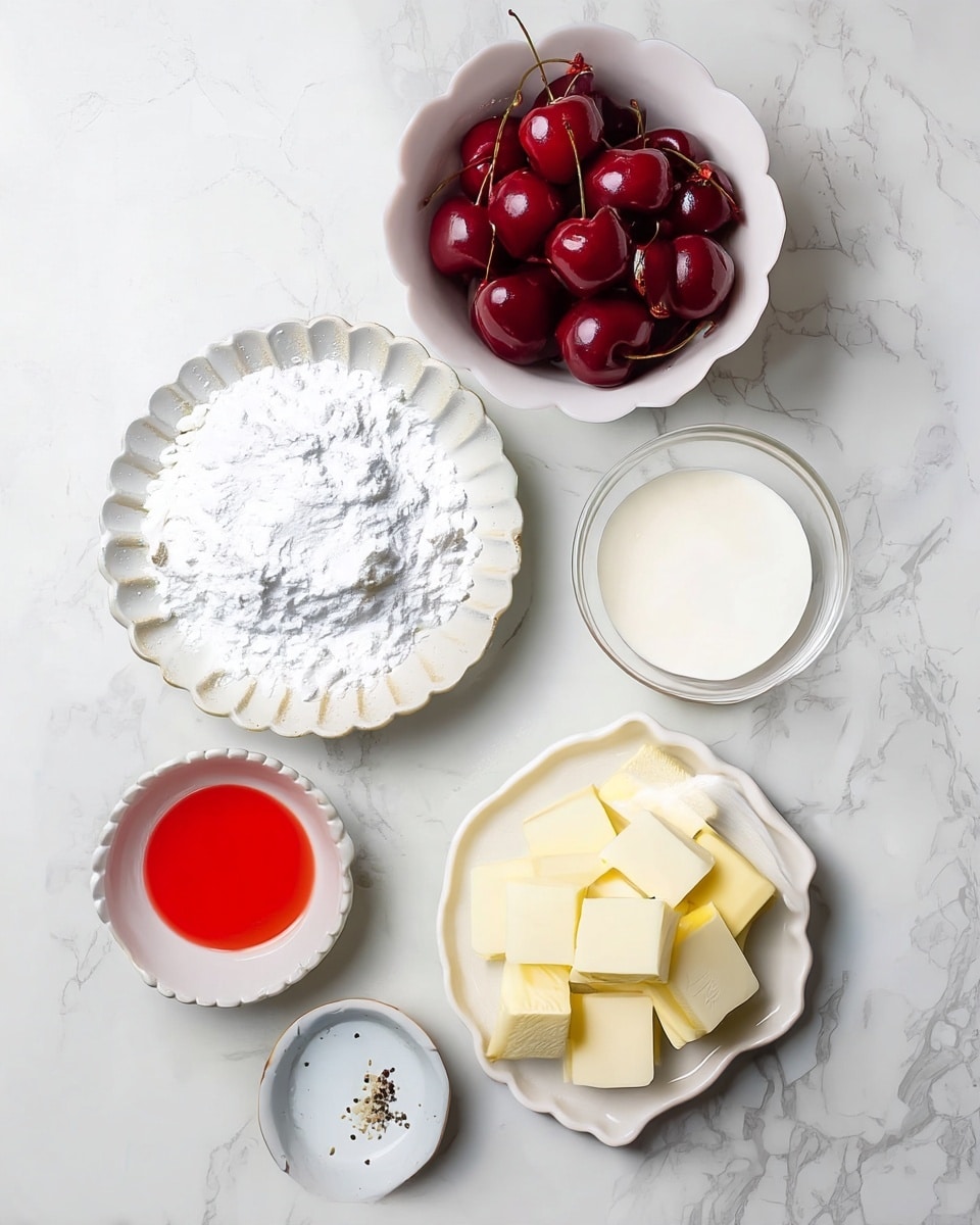 The image shows six white dishes on a white marbled surface, each holding a different ingredient. At the top left is a scalloped white plate filled with a mound of fine white powder. Above that, a small white bowl holds bright red glossy cherries with stems. To the right, a clear glass bowl contains a smooth, white creamy liquid. Below to the left, a small white bowl contains a bright red liquid. Next to it is a tiny white dish with some small dark specks. Finally, at the bottom right, a white scalloped plate holds several neat cubes of pale yellow butter with a soft texture. The layout is neat and evenly spaced across the marbled background photo taken with an iphone --ar 4:5 --v 7