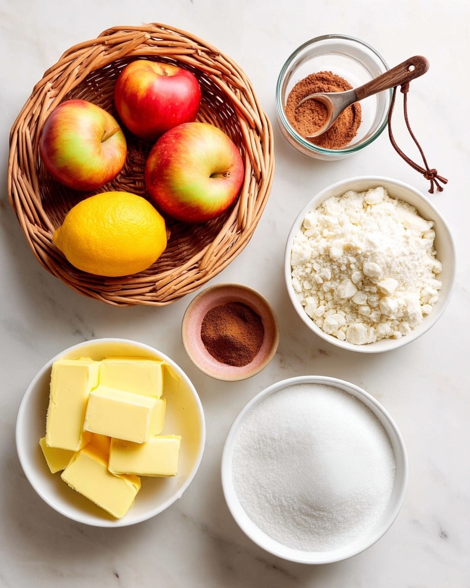 A white marbled surface holds a top view of apple crisp ingredients arranged with space between them. In the bottom left corner, a round wicker basket filled with shiny red and yellow apples. Above the basket, a bright yellow lemon lies on the surface. Near the center top, a small white bowl filled with white flour. To the right of the flour, a small clear glass jar with ground cinnamon, a small brown wooden spoon inside it. Below the cinnamon jar, a small white bowl with two square blocks of pale yellow butter. In the bottom right corner, a white bowl filled with granulated white sugar. The scene is bright and clean, focused on the natural colors and textures of the ingredients photo taken with an iphone --ar 4:5 --v 7