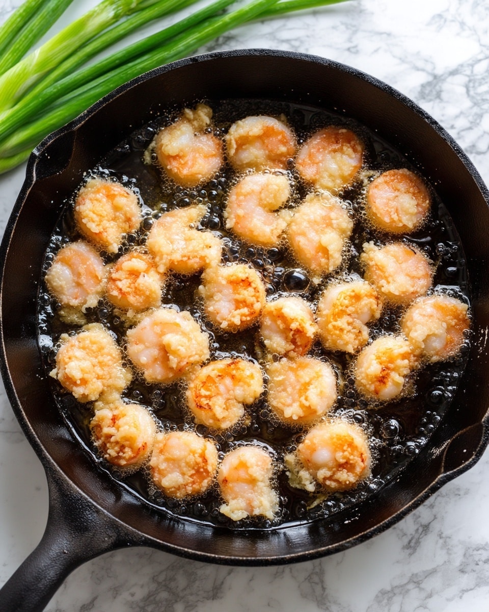 A black cast iron pan filled with many small, round, light golden shrimp pieces frying in hot oil, the shrimp showing a slightly crispy texture on top with a soft pink and white color beneath, arranged close together in bubbling oil. The pan sits on a white marbled surface with green onion stalks placed to the top left side. photo taken with an iphone --ar 4:5 --v 7