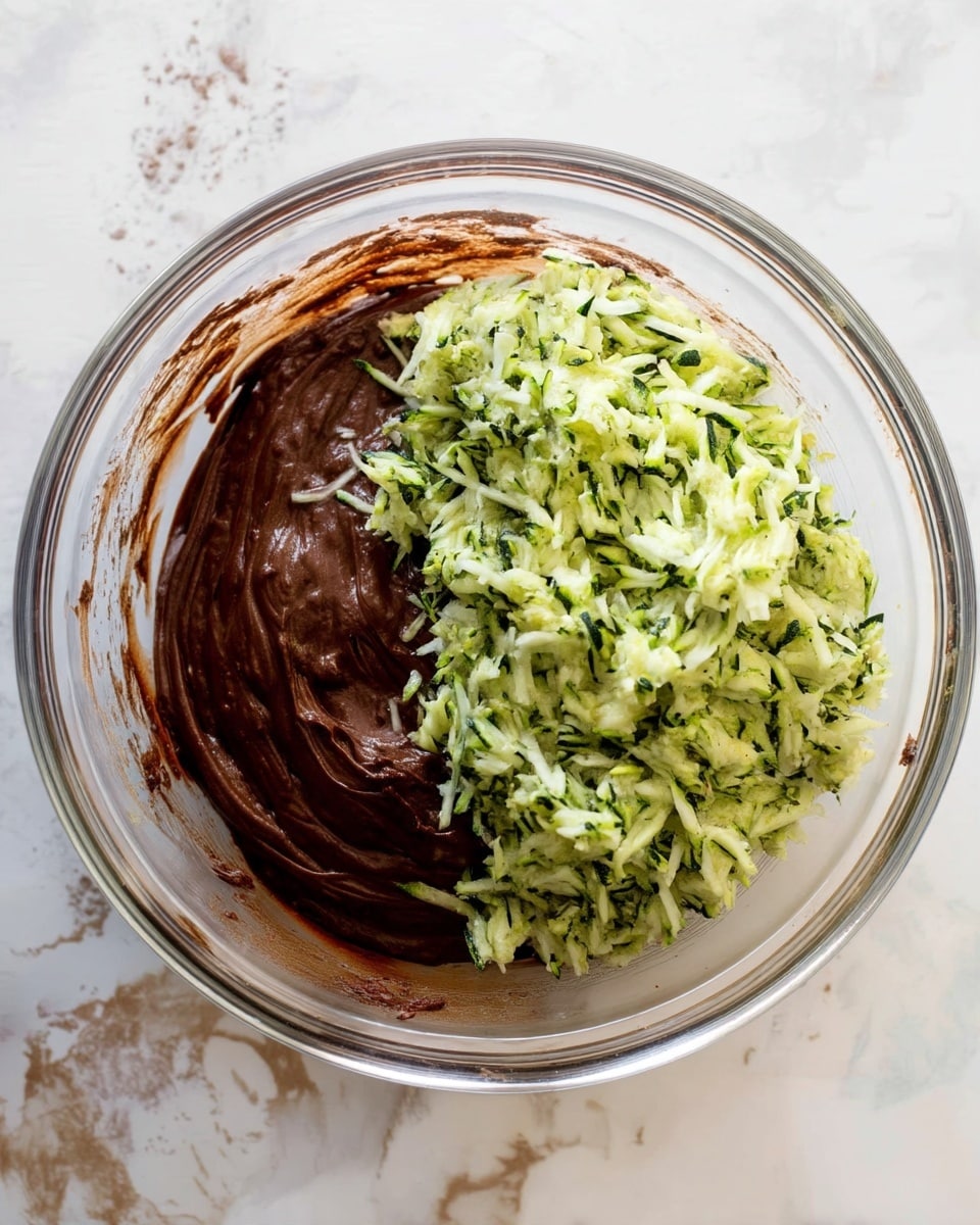 The image shows a clear glass bowl on a white marbled surface. Inside the bowl, there are two layers of ingredients: one side has thick, dark brown chocolate batter with a smooth texture, and the other side holds a mound of shredded pale green zucchini mixed with small dark green specks. The two ingredients are side by side, ready to be mixed together. There are some chocolate smudges on the sides of the bowl. Photo taken with an iphone --ar 4:5 --v 7