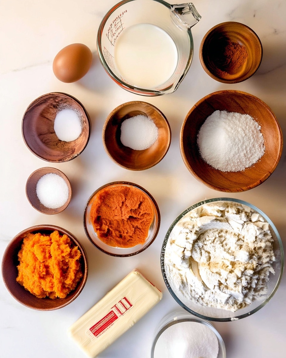 The image shows nine bowls and one stick of butter arranged neatly on a white marbled surface. In the top left, a small clear bowl holds a single brown egg. To the right, a medium clear measuring cup is filled with white milk. Below these, there are four small wooden bowls arranged in a square: the top left bowl contains white granules, the top right bowl has a brown powder, the bottom left bowl has white salt, and the bottom right wooden bowl holds orange pumpkin puree. To the right side, a large clear bowl is piled high with white flour that has a slightly crumbly texture. Below the pumpkin puree and salt bowls, a stick of light yellow butter with red packaging rests on the surface. To the bottom right, a small clear bowl holds white sugar. The background is bright with good lighting, and the photo taken with an iphone --ar 4:5 --v 7