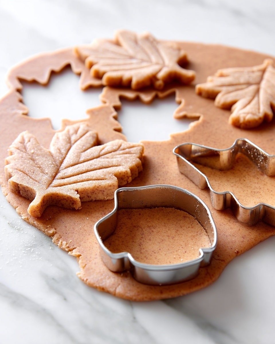 This image shows a sheet of light brown dough rolled out flat on a white marbled surface. There are leaf-shaped cookie cutters pressed into the dough, with one leaf shape already cut out, leaving a leaf-shaped hole. A silver cookie cutter is placed on the dough, aligned with another leaf shape. The dough has a slightly grainy texture with visible small specks. The scene is simple and focused on the dough and cutters. Photo taken with an iphone --ar 4:5 --v 7