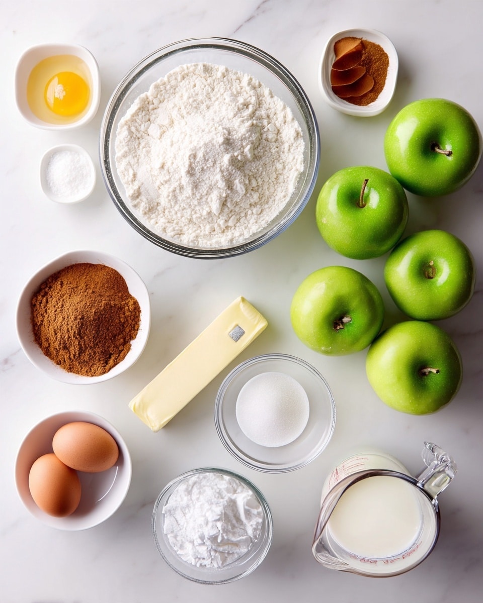 The image shows various baking ingredients neatly arranged on a white marbled surface. There is a large clear glass bowl filled with white flour in the center. Around it, there are three green apples on the top right, a small white bowl with light brown sugar next to them, and a small bottle of vanilla extract near the apples. Below these, a stick of butter lies horizontally. To the left of the butter is a small white dish with brown cinnamon powder. On the bottom left, a clear bowl holds a single cracked egg with the yolk intact. Nearby are a small white bowl of granulated white sugar and a small white bowl of salt. At the bottom right, there is a glass pitcher of milk and next to it another clear bowl containing powdered sugar. The ingredients are spaced evenly, forming a clean and organized layout. Photo taken with an iphone --ar 4:5 --v 7