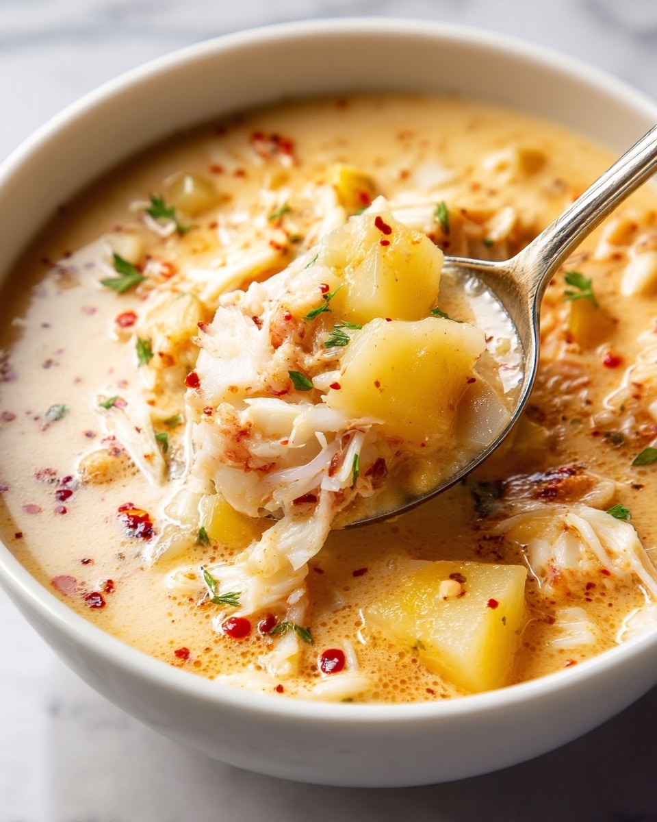 The image shows a thick creamy soup with visible layers of shredded crab meat in white, small diced yellow potatoes, and light golden creamy broth. The surface has a sprinkle of red spices and small green herb leaves scattered on top to add color contrast. A silver spoon is scooping a mix of crab, potatoes, and broth, showing the chunky texture and warm colors. The bright and smooth soup base contrasts with the soft, fibrous crab and firm potato pieces. The background is a white marbled surface. Photo taken with an iphone --ar 4:5 --v 7