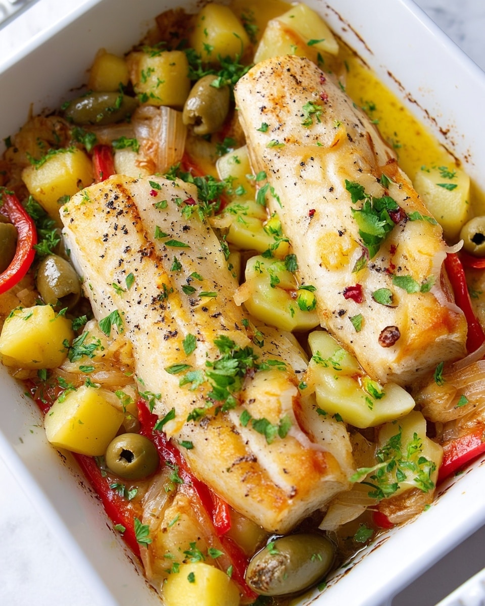 Portuguese Bacalhau com Batatas: Traditional Salt Cod Bake with Potatoes, Vegetables, and Olives Recipe
