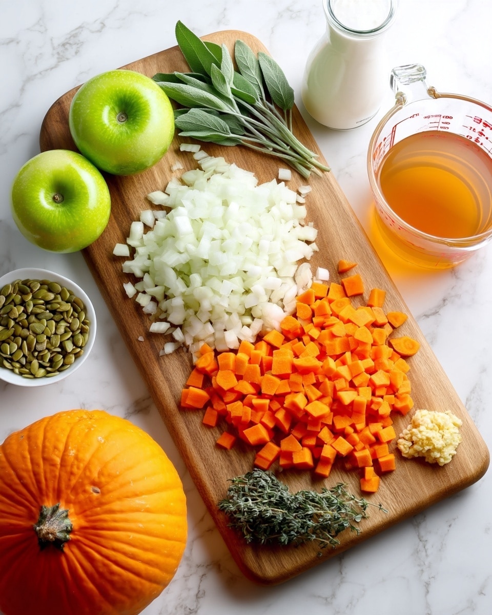 The image shows a wooden cutting board placed on a white marbled surface. On the board, there is a pile of small white diced onions on the left, bright orange diced carrots on the right, minced garlic at the top center, and finely chopped green herbs near the bottom left. Surrounding the board are whole ingredients: an orange pumpkin on the lower left, three green apples above the pumpkin in a triangular shape, a small bowl with green pumpkin seeds to the left of the apples, a white bowl with fresh sage leaves above the seeds, a glass bottle of clear oil to the upper right, a glass measuring cup filled with amber-colored liquid on the right side, and a tall glass jar with white milk near the top center. The background is clean and bright, with the white marbled surface adding texture. Photo taken with an iphone --ar 4:5 --v 7
