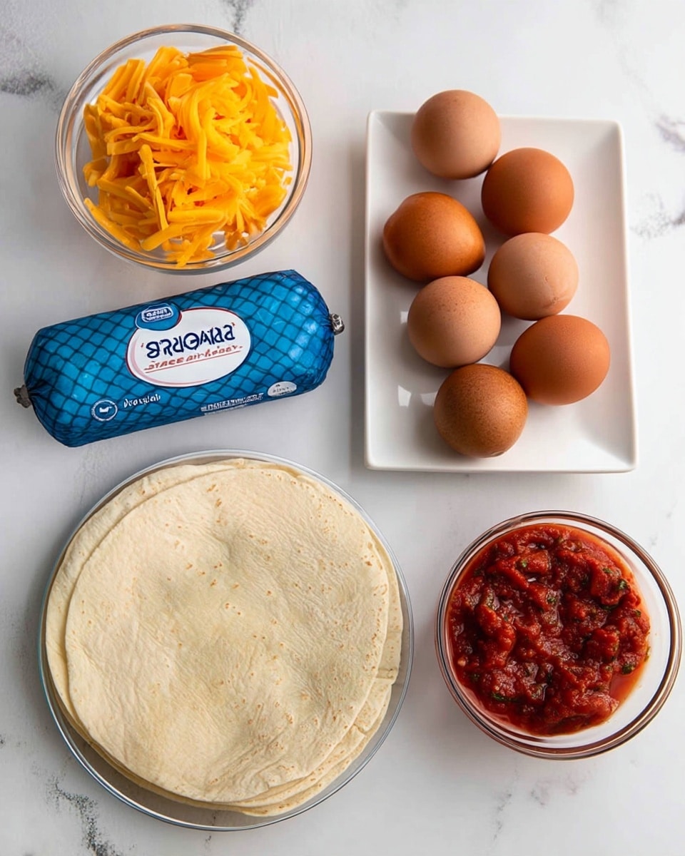 The image shows ingredients for a breakfast dish arranged on a white marbled surface. There are six brown eggs grouped closely on a white square plate in the top right. Below them is a clear bowl filled with shredded orange cheddar cheese, and next to it is a smaller clear bowl with a chunky red salsa. In the center is a stack of pale beige flour tortillas on a round clear plate. To the left, there is a blue wrapped package of original sausage. All items are neatly spaced, with the colors varying from light beige tortillas to bright orange cheese and deep red salsa. Photo taken with an iphone --ar 4:5 --v 7