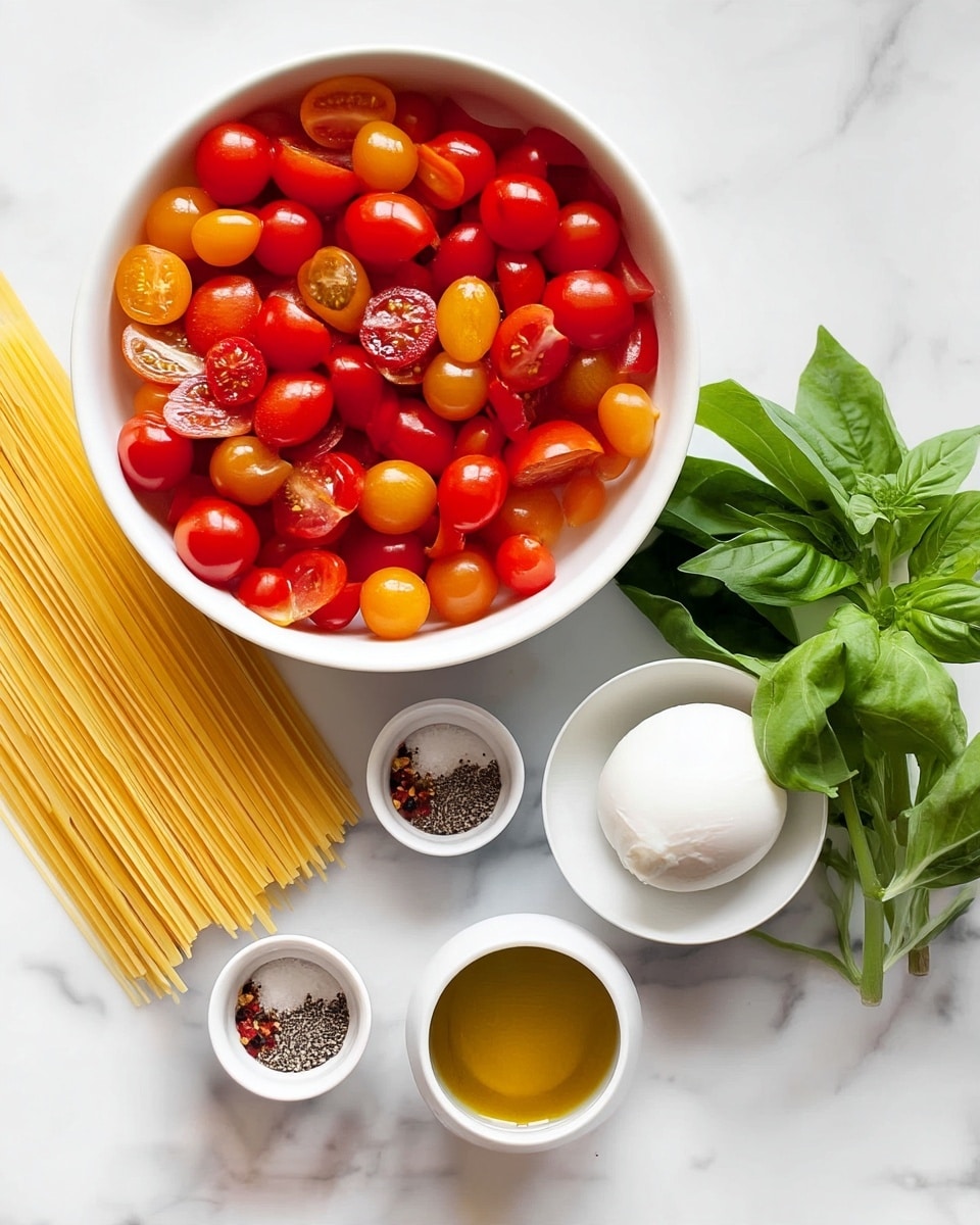 A white round bowl filled with red and yellow cherry tomatoes, some cut in half showing their juicy inside, sits on the left side. Next to the bowl, a bunch of uncooked yellow spaghetti pasta strands is laid out in a straight line. Below the spaghetti, there are four small white bowls: one with sliced garlic cloves, one with a small round ball of fresh white mozzarella cheese, one with golden olive oil, and one with a mix of salt, black pepper, and red chili flakes. To the right of these bowls, a bunch of fresh green basil leaves rests on the white marbled surface. Photo taken with an iphone --ar 4:5 --v 7