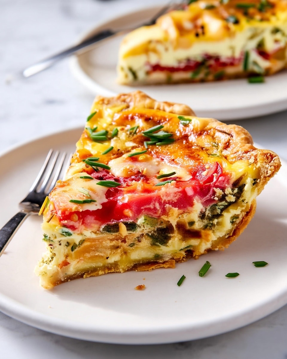 A slice of quiche sits on a white plate with a silver fork beside it. The quiche has three visible layers: a golden-brown flaky crust on the bottom, a thick creamy yellow egg mixture with green vegetable pieces in the middle, and bright red tomato slices on top, all melted together with a golden melted cheese layer and sprinkled with chopped green herbs. The plate rests on a white marbled surface. Another plate with a quiche slice is slightly blurred in the background. Photo taken with an iphone --ar 4:5 --v 7