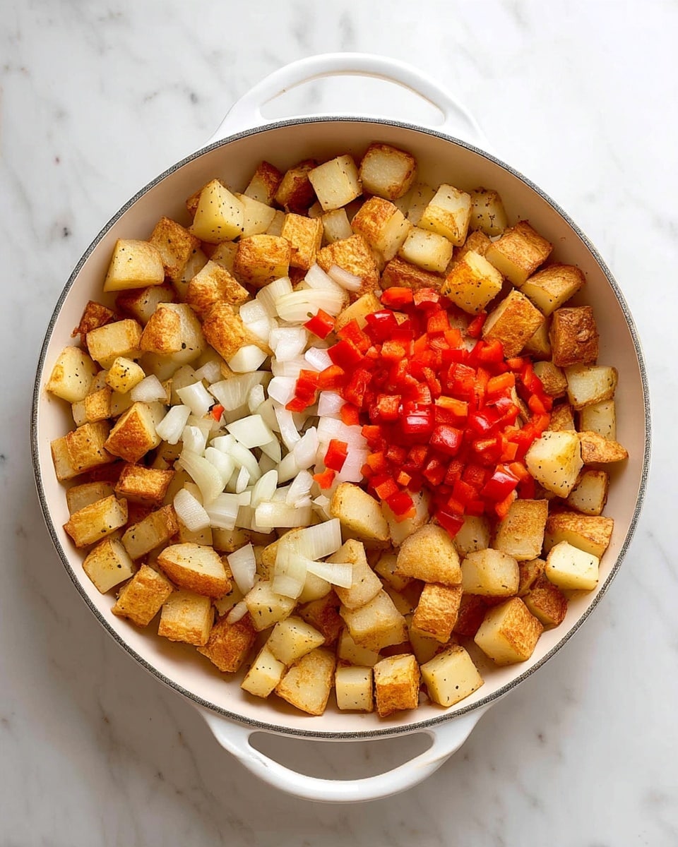 In the image, there is a white pan filled with light golden brown cubed potatoes creating the bottom layer that covers the whole pan except the middle. On top of the potatoes, in the center, there are two smaller piles of diced vegetables: white onions on the left and bright red bell peppers on the right. The ingredients show a mix of soft textures with some slight browning on the potatoes, all placed on a white marbled surface. photo taken with an iphone --ar 4:5 --v 7